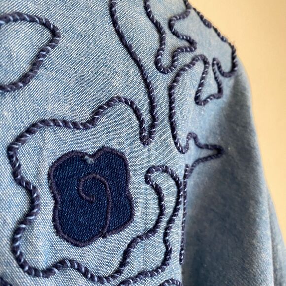 Vintage Via Sant Andrea 90s L Button Back Blouse Blue Denim Floral Embroidery - Picture 5 of 10
